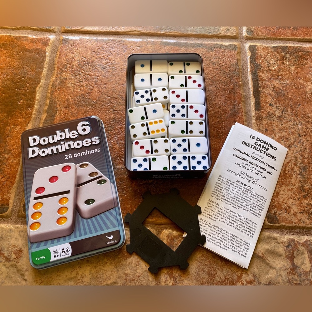 Vintage Cardinal Industries Double 6 Dominoes set collectors, tin box-16 games